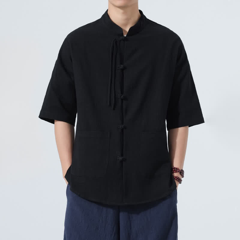 Nimara Ritual Summer Casual Mandarin Collar Frog Button Solid Men's Short Sleeve Shirt With Pockets