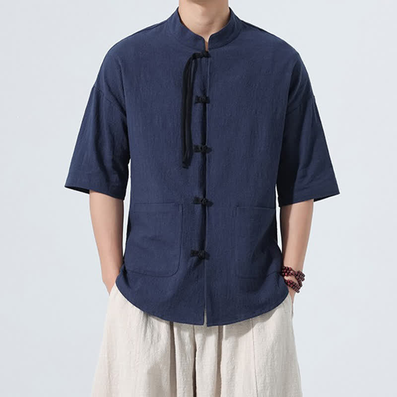 Nimara Ritual Summer Casual Mandarin Collar Frog Button Solid Men's Short Sleeve Shirt With Pockets