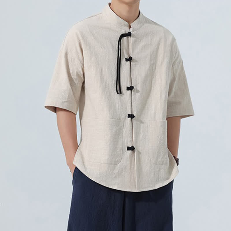 Nimara Ritual Summer Casual Mandarin Collar Frog Button Solid Men's Short Sleeve Shirt With Pockets