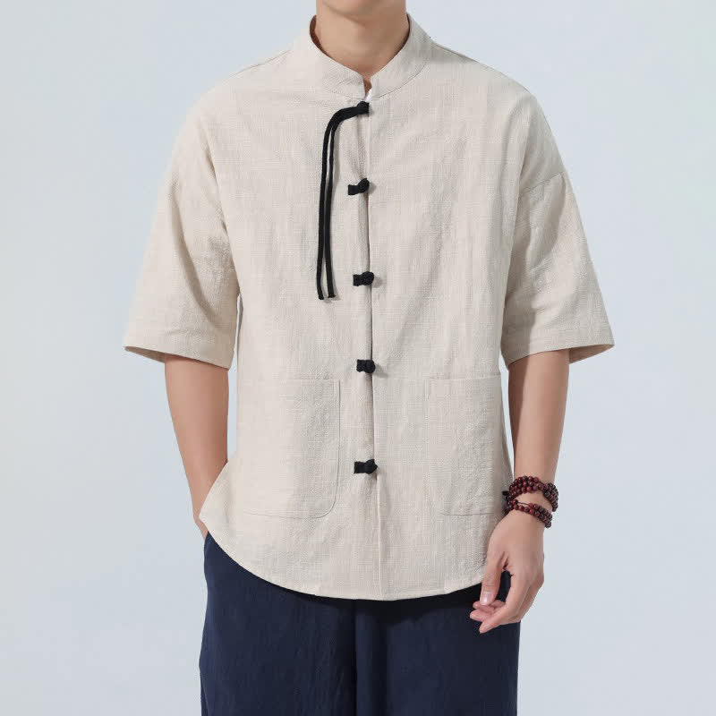 Nimara Ritual Summer Casual Mandarin Collar Frog Button Solid Men's Short Sleeve Shirt With Pockets