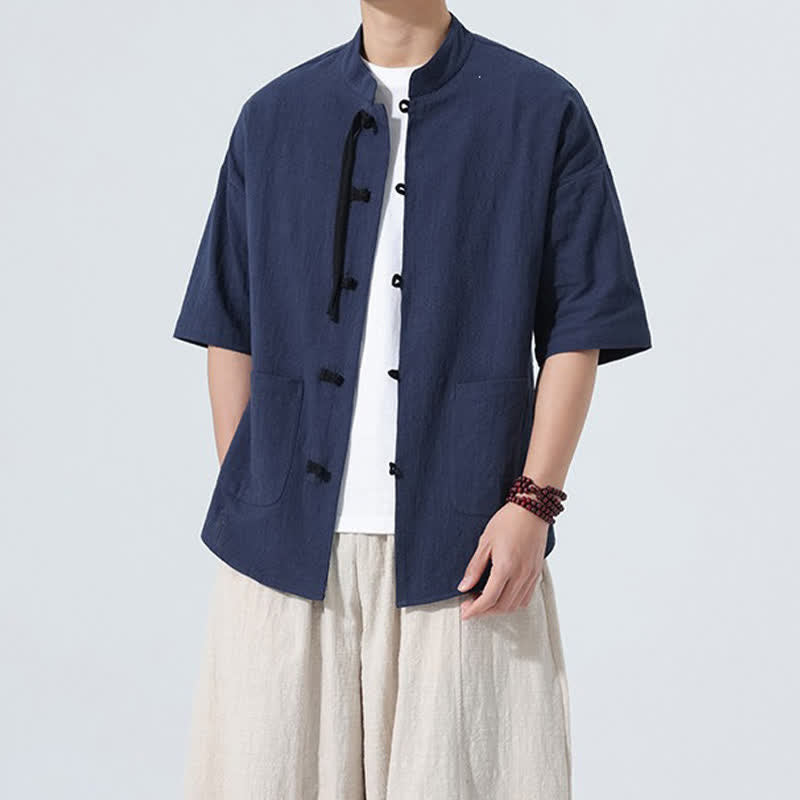Nimara Ritual Summer Casual Mandarin Collar Frog Button Solid Men's Short Sleeve Shirt With Pockets