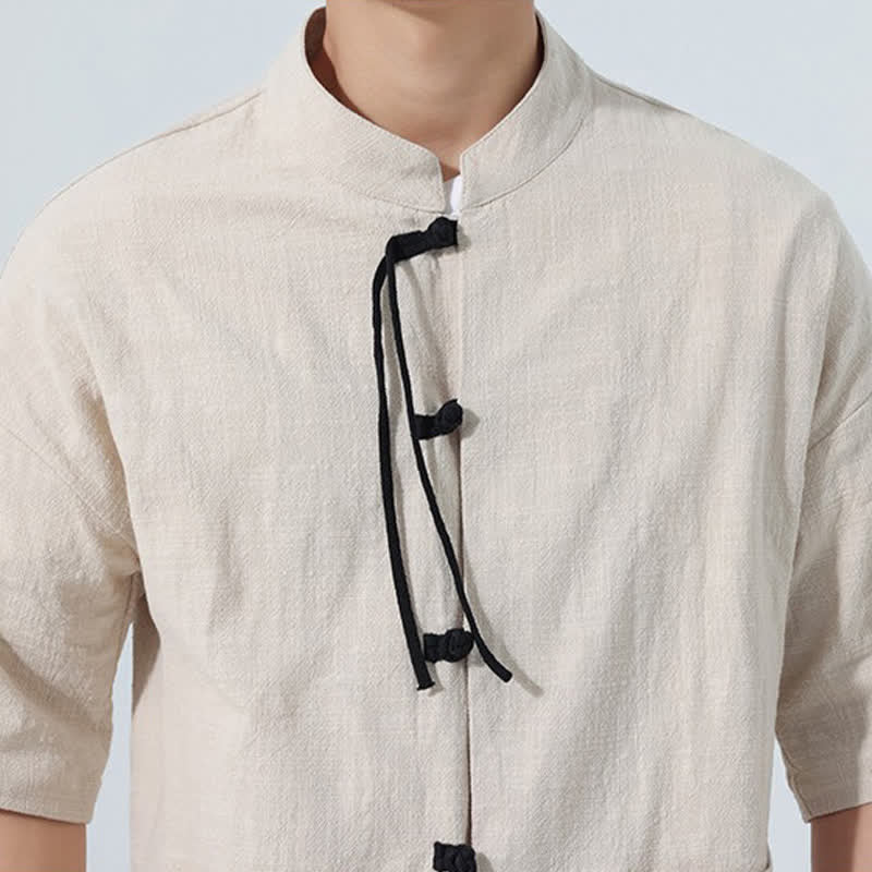 Nimara Ritual Summer Casual Mandarin Collar Frog Button Solid Men's Short Sleeve Shirt With Pockets