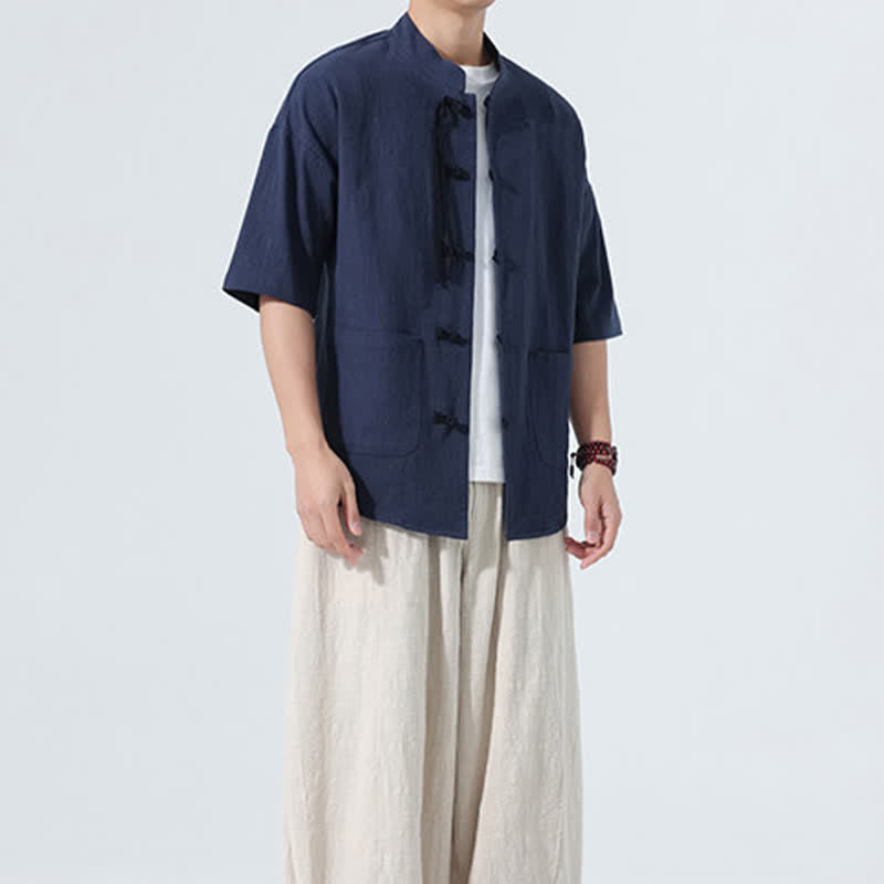 Nimara Ritual Summer Casual Mandarin Collar Frog Button Solid Men's Short Sleeve Shirt With Pockets