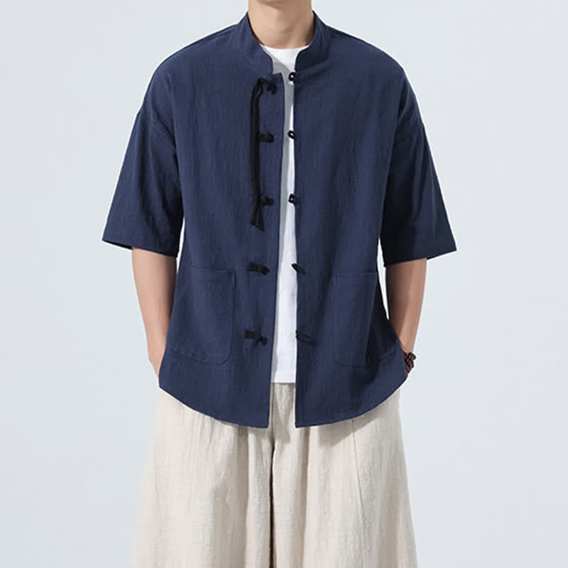 Nimara Ritual Summer Casual Mandarin Collar Frog Button Solid Men's Short Sleeve Shirt With Pockets