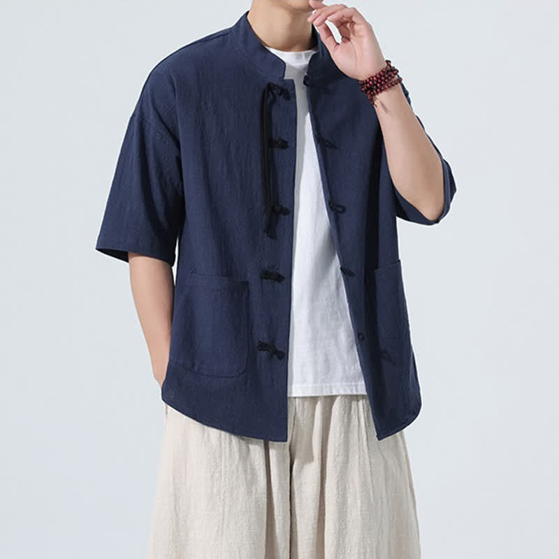 Nimara Ritual Summer Casual Mandarin Collar Frog Button Solid Men's Short Sleeve Shirt With Pockets