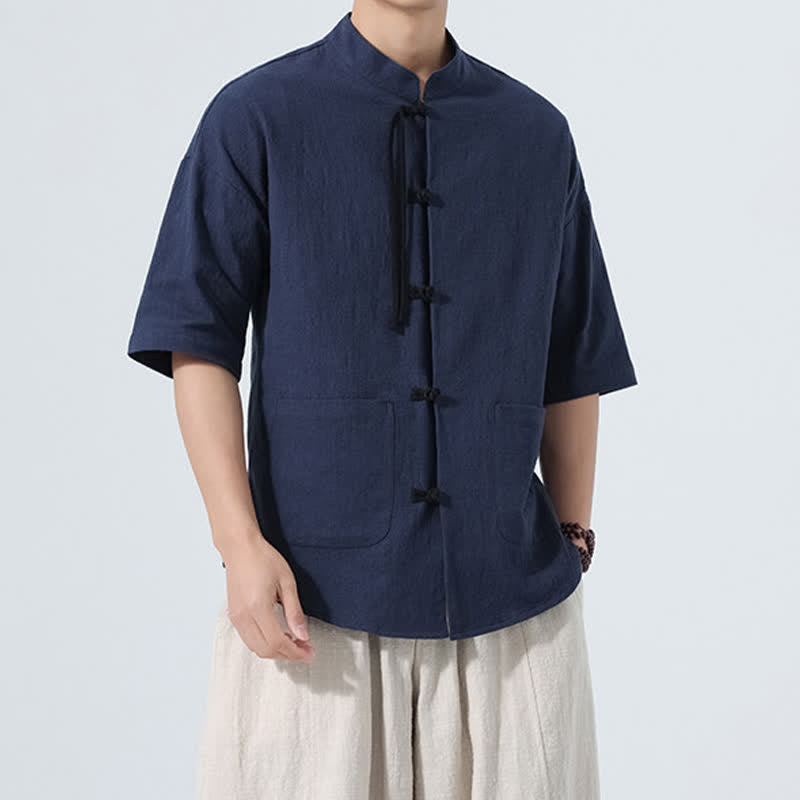 Nimara Ritual Summer Casual Mandarin Collar Frog Button Solid Men's Short Sleeve Shirt With Pockets