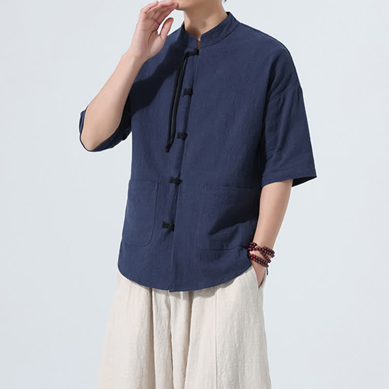 Nimara Ritual Summer Casual Mandarin Collar Frog Button Solid Men's Short Sleeve Shirt With Pockets