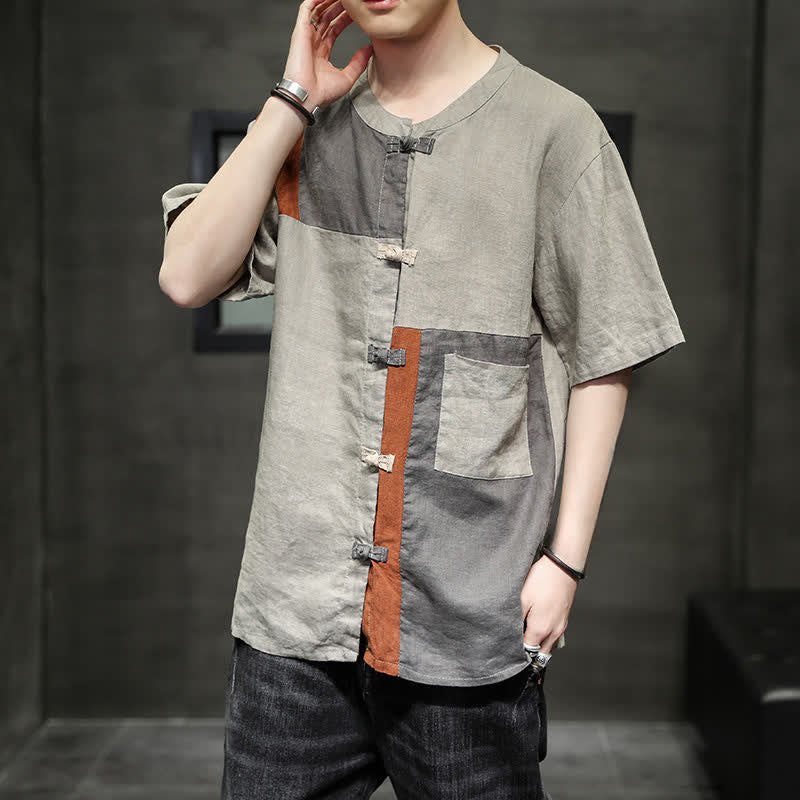 Nimara Ritual Summer Vintage Frog Button Patchwork Design Men's Short Sleeve Shirt