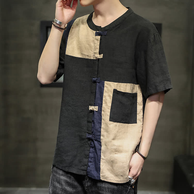 Nimara Ritual Summer Vintage Frog Button Patchwork Design Men's Short Sleeve Shirt