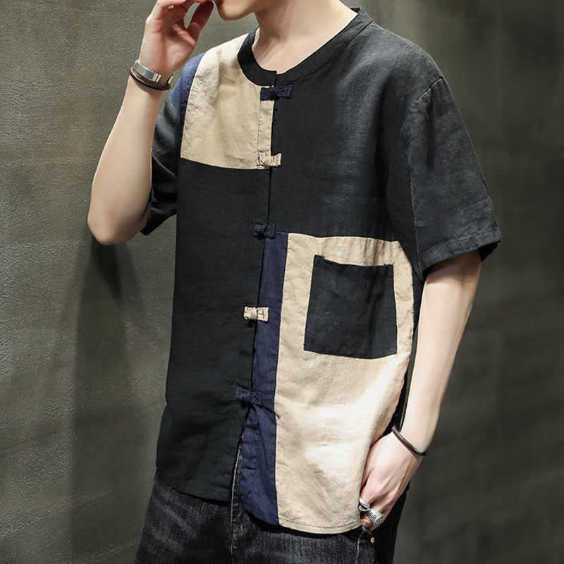 Nimara Ritual Summer Vintage Frog Button Patchwork Design Men's Short Sleeve Shirt