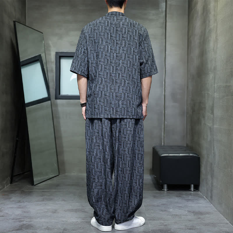 Nimara Ritual 2Pcs Summer Mandarin Collar Frog Button Geometric Short Sleeve Shirt Harem Pants Men's Set With Pockets