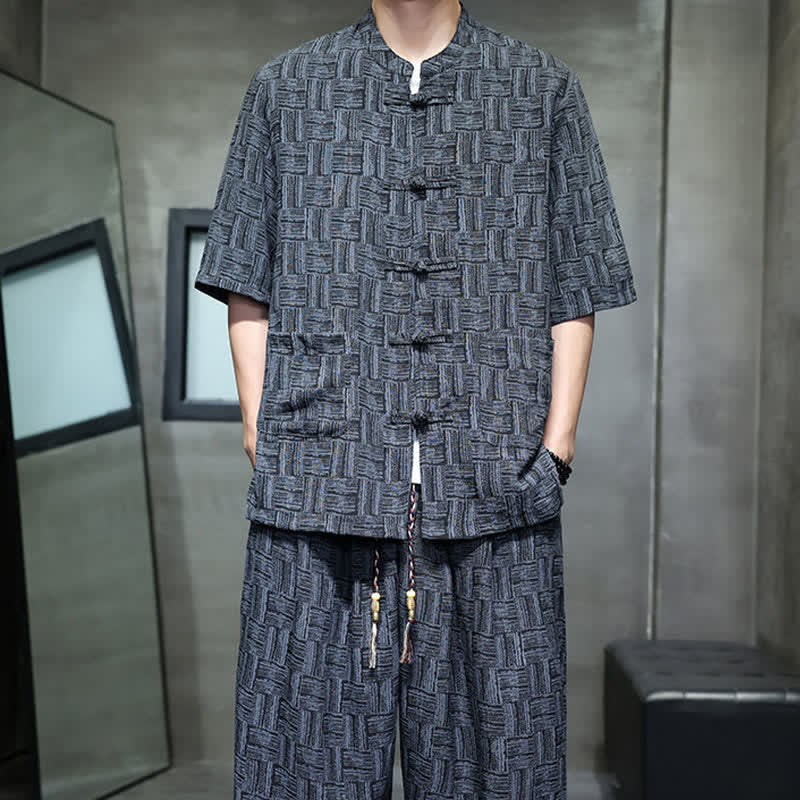Nimara Ritual 2Pcs Summer Mandarin Collar Frog Button Geometric Short Sleeve Shirt Harem Pants Men's Set With Pockets