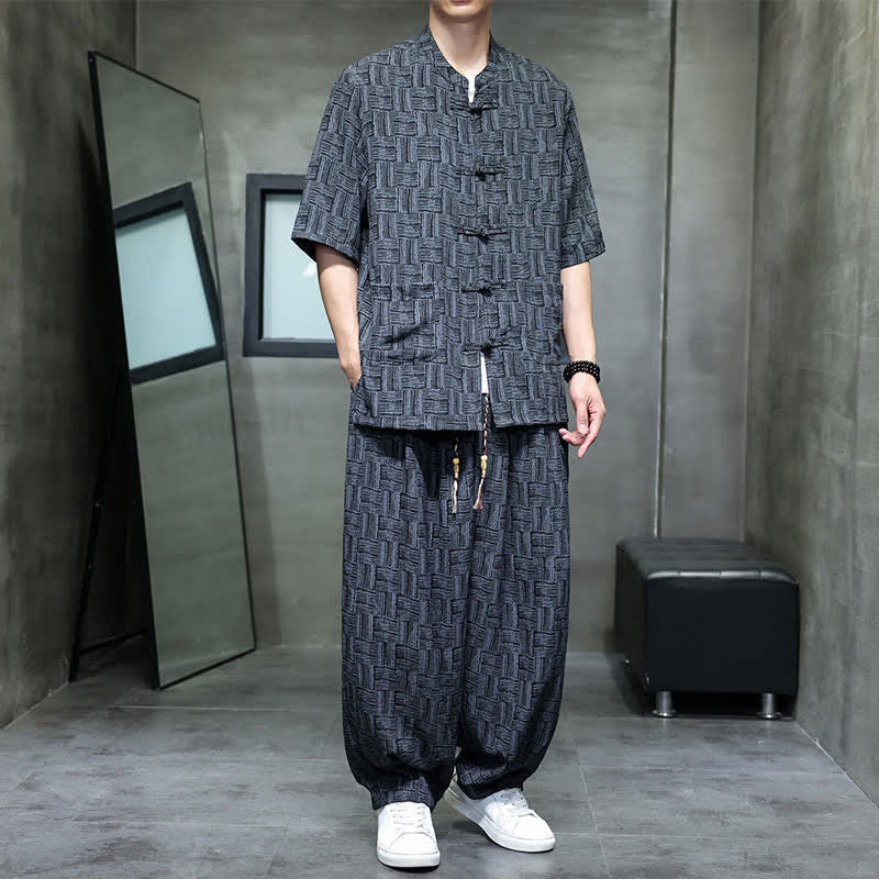 Nimara Ritual 2Pcs Summer Mandarin Collar Frog Button Geometric Short Sleeve Shirt Harem Pants Men's Set With Pockets