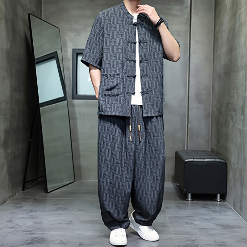 Nimara Ritual 2Pcs Summer Mandarin Collar Frog Button Geometric Short Sleeve Shirt Harem Pants Men's Set With Pockets