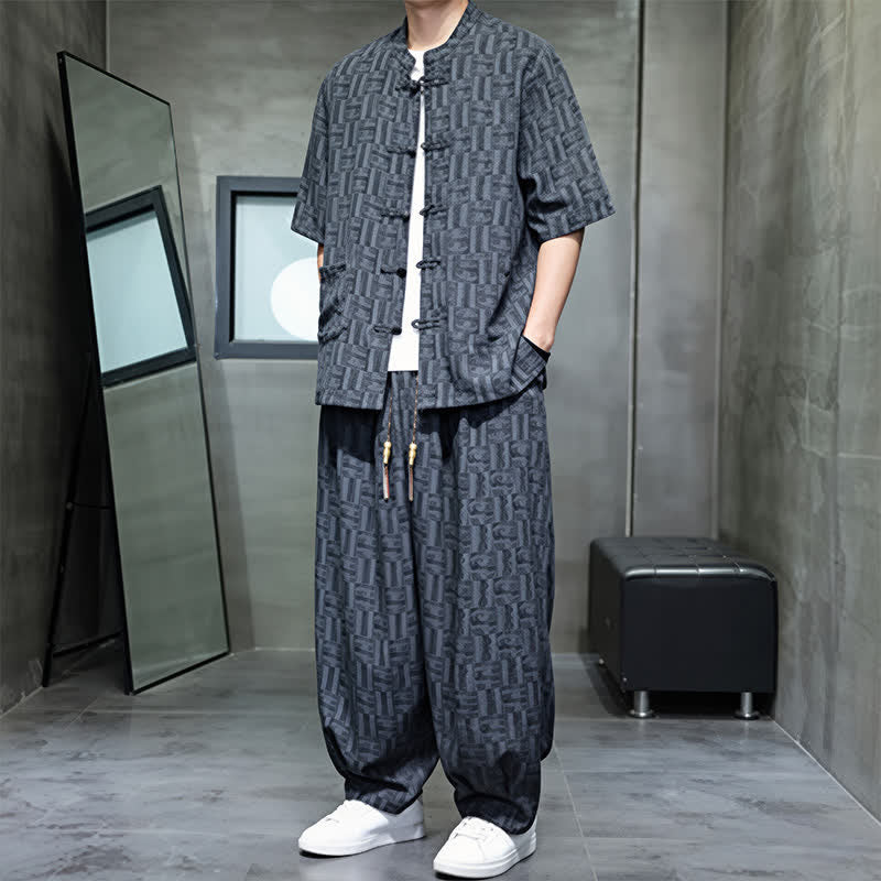Nimara Ritual 2Pcs Summer Mandarin Collar Frog Button Geometric Short Sleeve Shirt Harem Pants Men's Set With Pockets