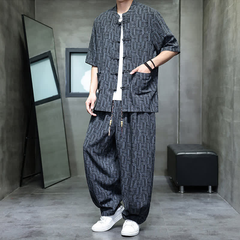 Nimara Ritual 2Pcs Summer Mandarin Collar Frog Button Geometric Short Sleeve Shirt Harem Pants Men's Set With Pockets