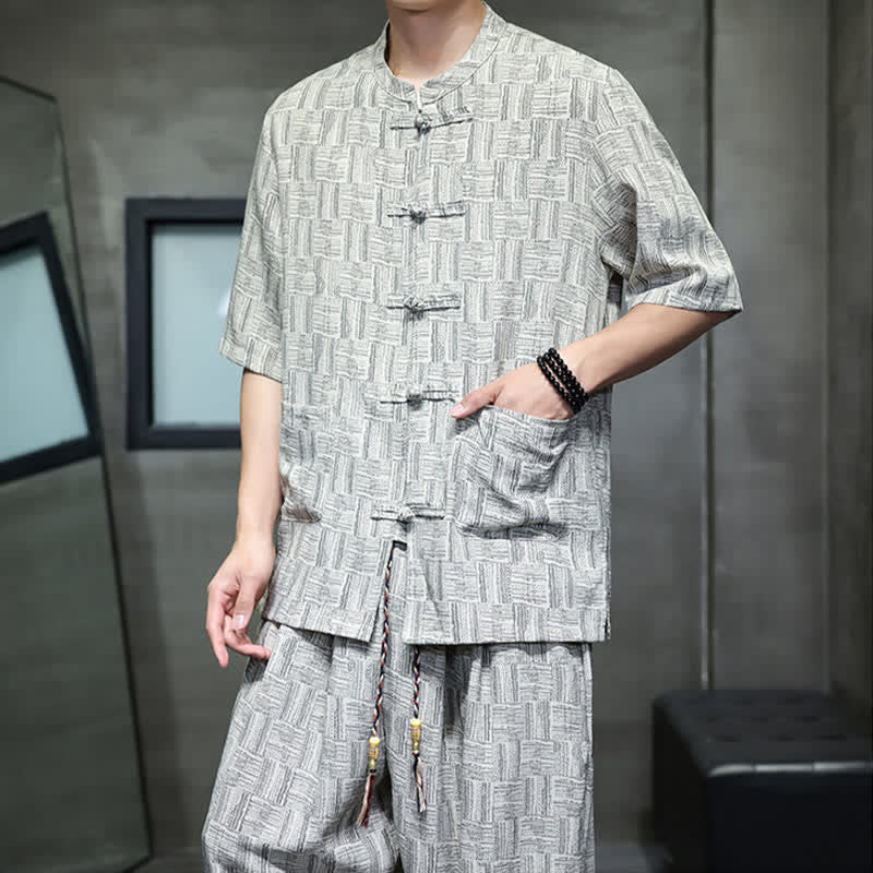 Nimara Ritual 2Pcs Summer Mandarin Collar Frog Button Geometric Short Sleeve Shirt Harem Pants Men's Set With Pockets