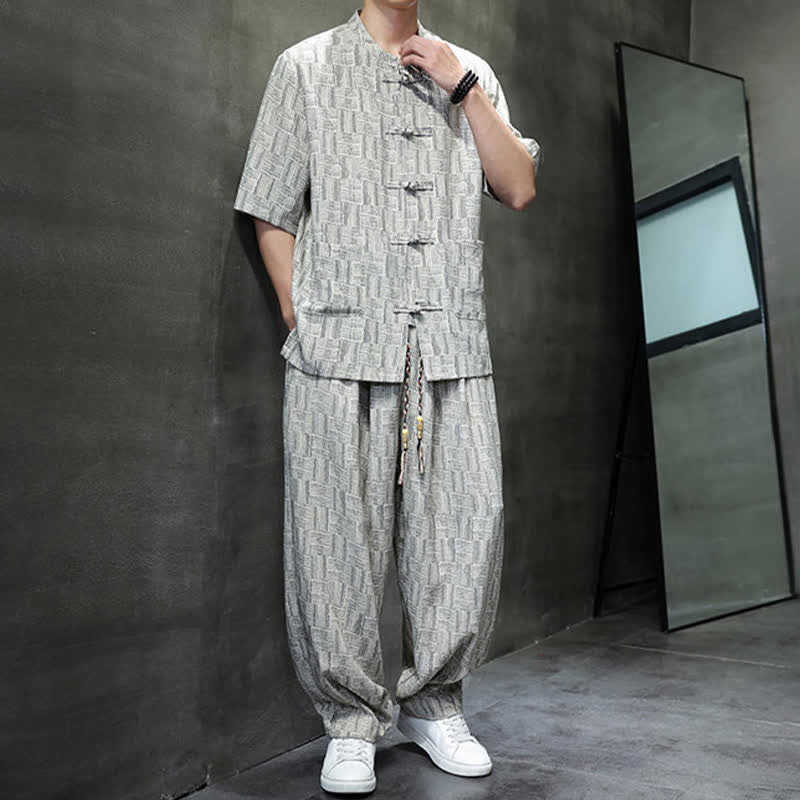 Nimara Ritual 2Pcs Summer Mandarin Collar Frog Button Geometric Short Sleeve Shirt Harem Pants Men's Set With Pockets