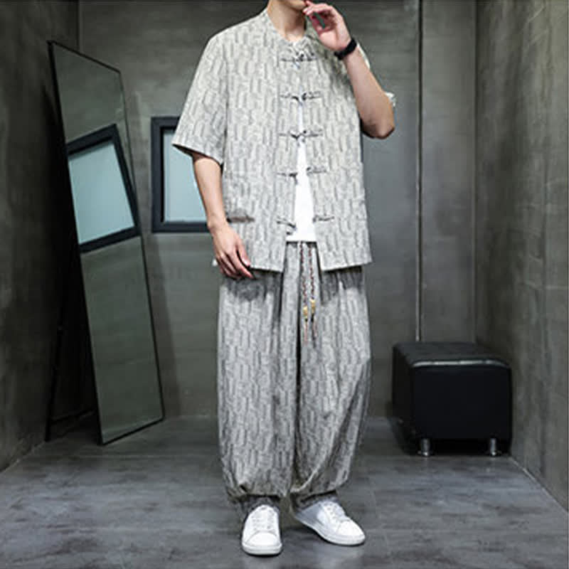 Nimara Ritual 2Pcs Summer Mandarin Collar Frog Button Geometric Short Sleeve Shirt Harem Pants Men's Set With Pockets
