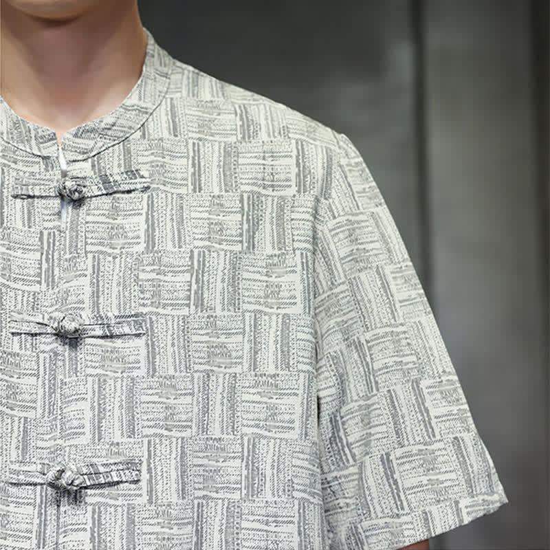 Nimara Ritual 2Pcs Summer Mandarin Collar Frog Button Geometric Short Sleeve Shirt Harem Pants Men's Set With Pockets