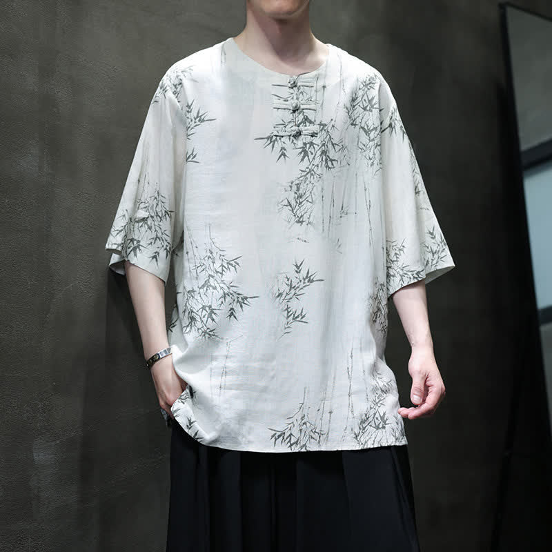Nimara Ritual Summer Tang Style Frog Button Bamboo Print Cotton Linen Men's Short Sleeve Shirt