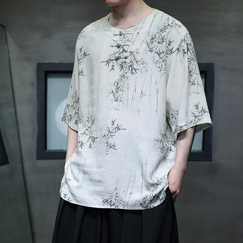 Nimara Ritual Summer Tang Style Frog Button Bamboo Print Cotton Linen Men's Short Sleeve Shirt