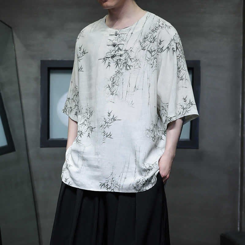 Nimara Ritual Summer Tang Style Frog Button Bamboo Print Cotton Linen Men's Short Sleeve Shirt