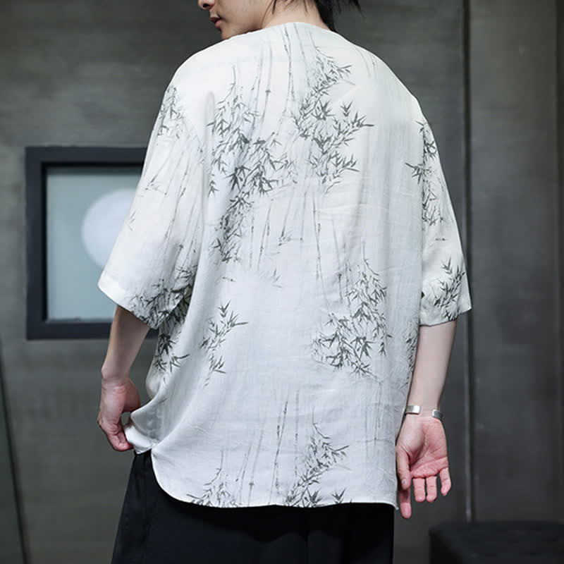 Nimara Ritual Summer Tang Style Frog Button Bamboo Print Cotton Linen Men's Short Sleeve Shirt