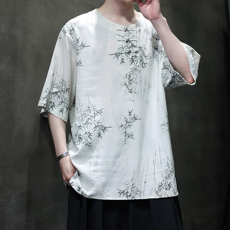 Nimara Ritual Summer Tang Style Frog Button Bamboo Print Cotton Linen Men's Short Sleeve Shirt