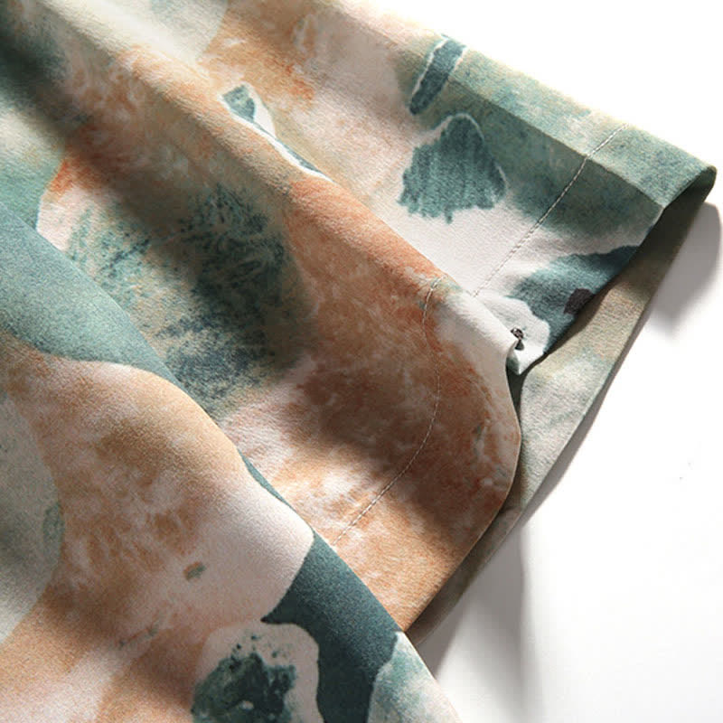 Nimara Ritual Summer Tang Style Mandarin Collar Frog Button Watercolor Print Men's Short Sleeve Shirt