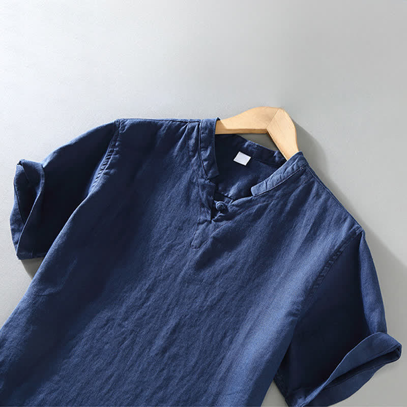 Nimara Ritual Summer Casual Mandarin Collar Frog Button Solid Linen Men's Short Sleeve Shirt