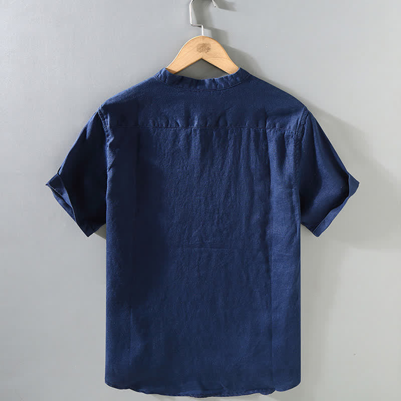 Nimara Ritual Summer Casual Mandarin Collar Frog Button Solid Linen Men's Short Sleeve Shirt