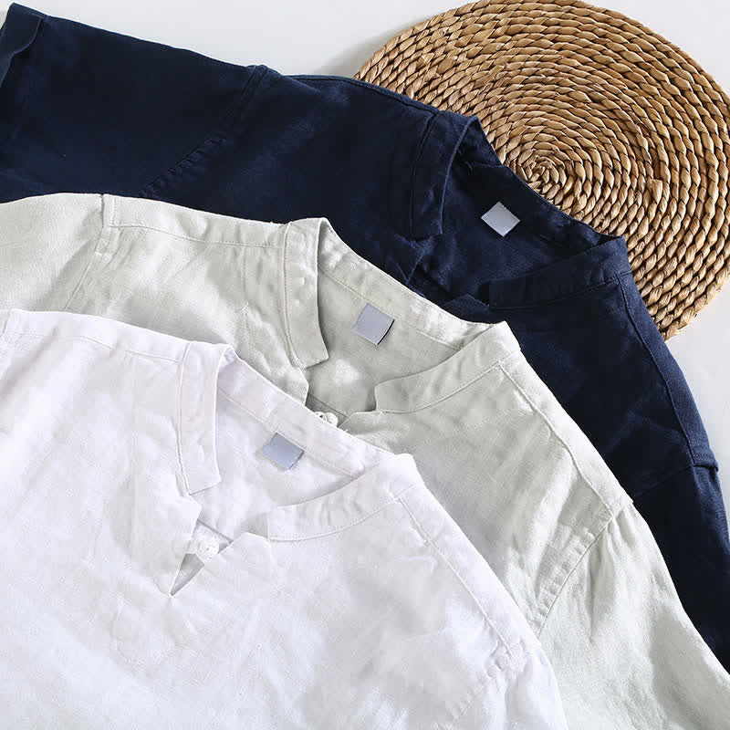 Nimara Ritual Summer Casual Mandarin Collar Frog Button Solid Linen Men's Short Sleeve Shirt