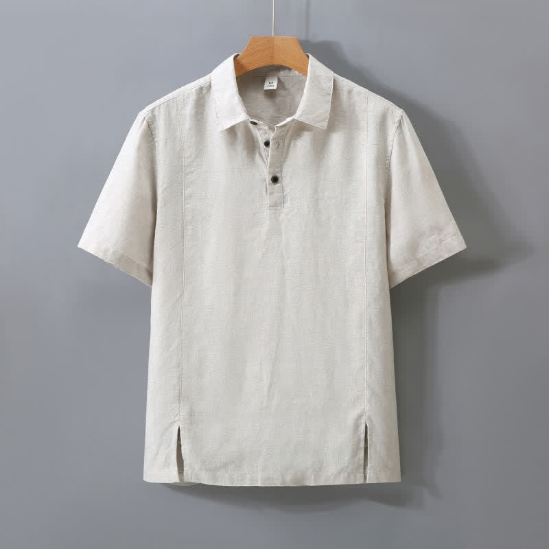 Nimara Ritual Summer Minimalist Button-Up Side Slit Solid Linen Men's Short Sleeve Shirt
