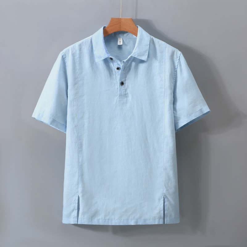 Nimara Ritual Summer Minimalist Button-Up Side Slit Solid Linen Men's Short Sleeve Shirt