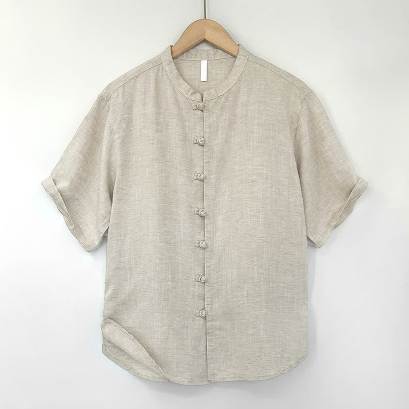 Nimara Ritual Summer Minimalist Mandarin Collar Frog Button Solid Men's Short Sleeve Shirt
