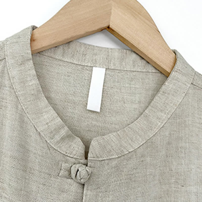 Nimara Ritual Summer Minimalist Mandarin Collar Frog Button Solid Men's Short Sleeve Shirt