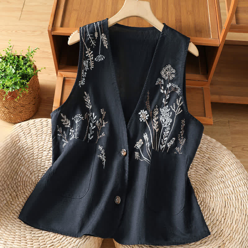 Nimara Ritual Summer Embroidery Floral Women's Sleeveless Shirts With Pockets