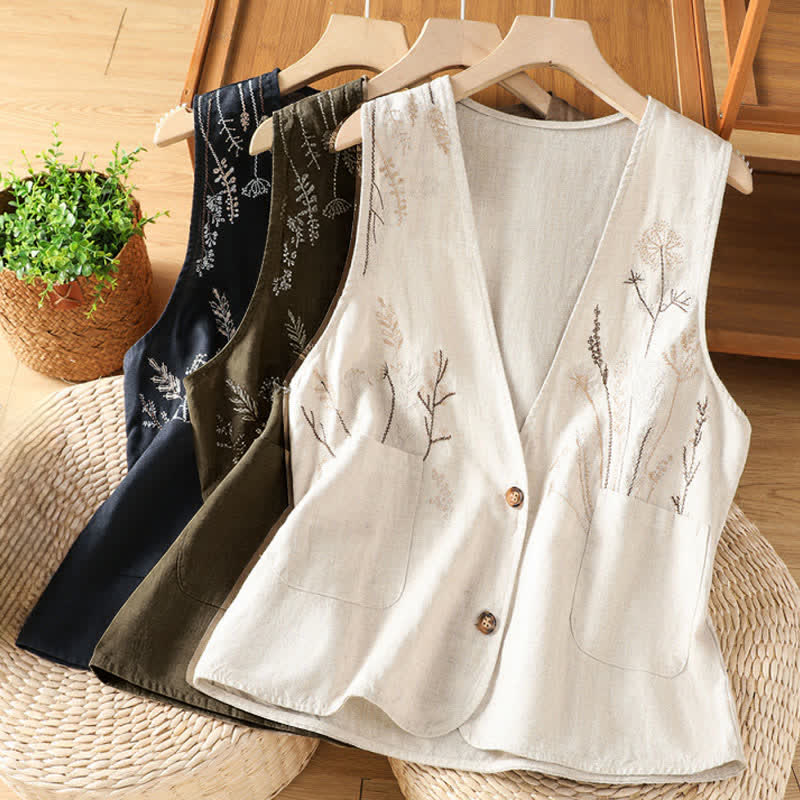 Nimara Ritual Summer Embroidery Floral Women's Sleeveless Shirts With Pockets