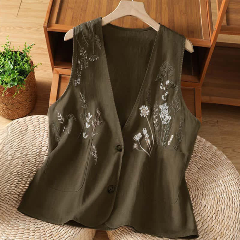 Nimara Ritual Summer Embroidery Floral Women's Sleeveless Shirts With Pockets