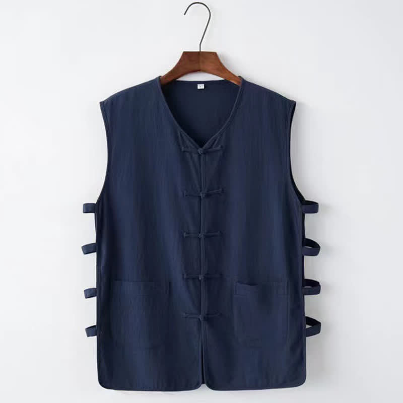 Nimara Ritual Summer Tang Style Frog Button Side Slit Hollow Solid Men's Sleeveless Shirts Tank Top With Pockets