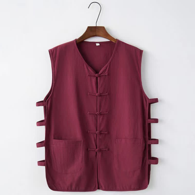 Nimara Ritual Summer Tang Style Frog Button Side Slit Hollow Solid Men's Sleeveless Shirts Tank Top With Pockets