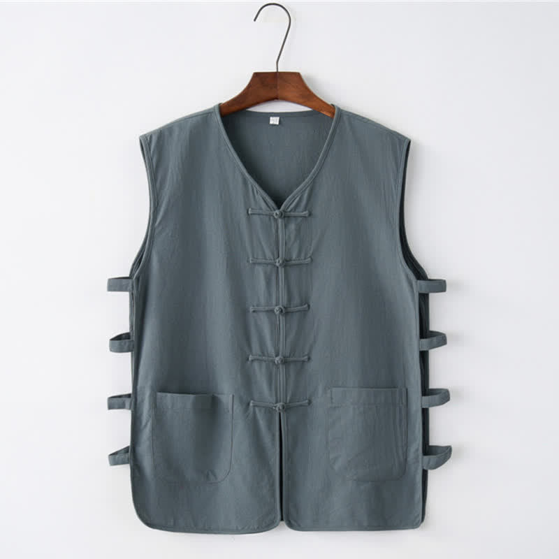 Nimara Ritual Summer Tang Style Frog Button Side Slit Hollow Solid Men's Sleeveless Shirts Tank Top With Pockets