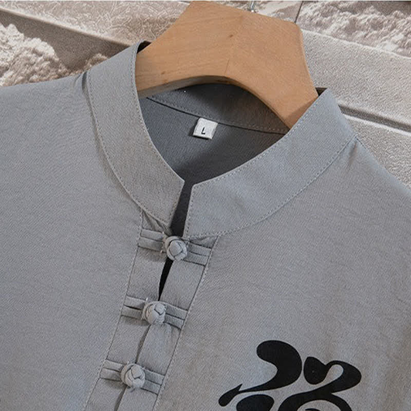 Nimara Ritual Summer 2Pcs Mandarin Collar Frog Button Ink Wash Print Short Sleeve Shirt Bermuda Pants Men's Meditation Cloth With Pockets