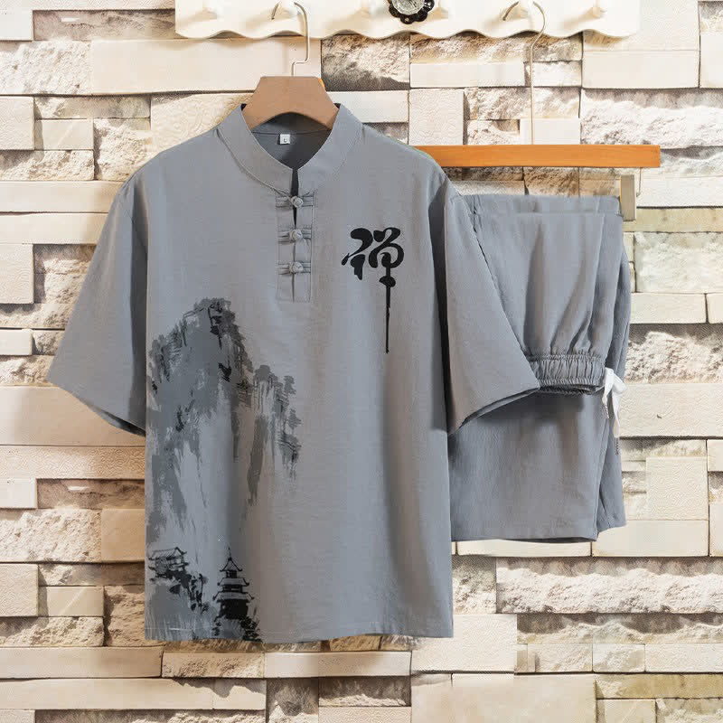 Nimara Ritual Summer 2Pcs Mandarin Collar Frog Button Ink Wash Print Short Sleeve Shirt Bermuda Pants Men's Meditation Cloth With Pockets