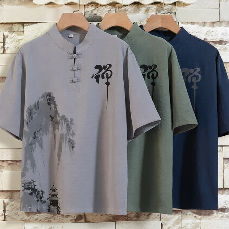 Nimara Ritual Summer 2Pcs Mandarin Collar Frog Button Ink Wash Print Short Sleeve Shirt Bermuda Pants Men's Meditation Cloth With Pockets