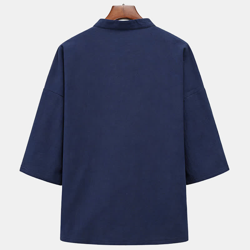 Nimara Ritual Summer Tang Style Mandarin Collar Horse Embroidery Frog Button Solid Men's Short Sleeve Shirts With Pockets