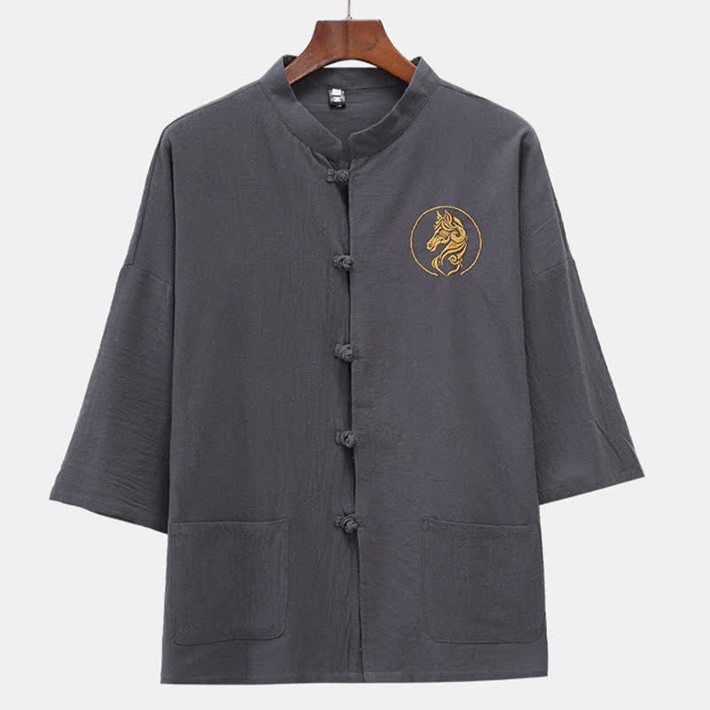 Nimara Ritual Summer Tang Style Mandarin Collar Horse Embroidery Frog Button Solid Men's Short Sleeve Shirts With Pockets