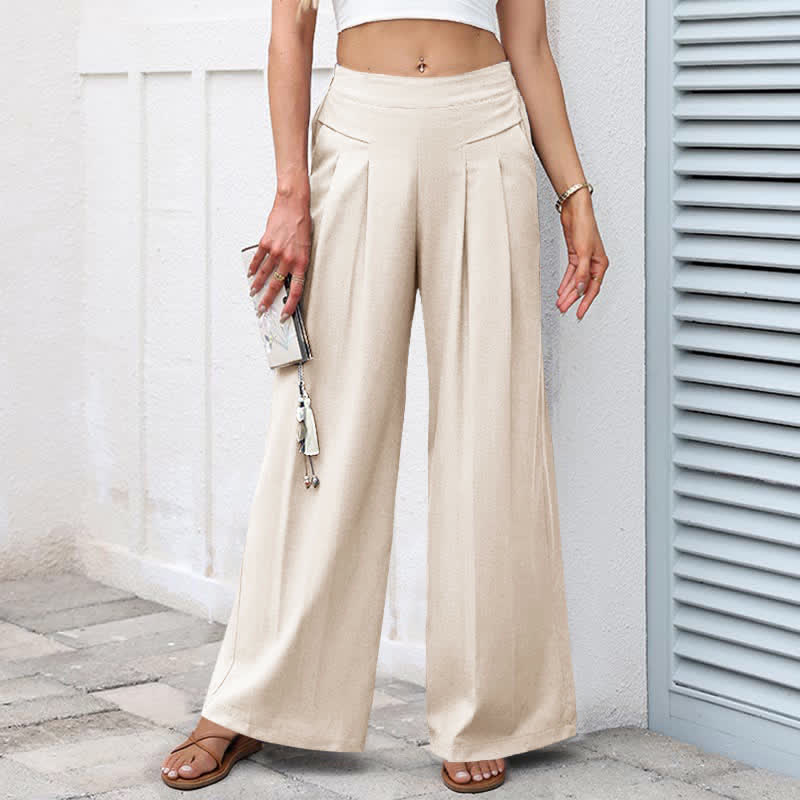 Nimara Ritual Plain Color Cotton Linen High Waist Women's Wide Leg Pants With Pockets