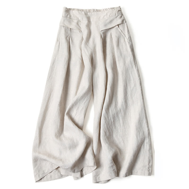 Nimara Ritual Plain Color Cotton Linen High Waist Women's Wide Leg Pants With Pockets